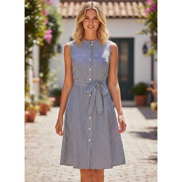 Monteau Dresses & Skirts - Monteau Striped Button Front Midi Shirt Dress Women S Navy White Office Chic New